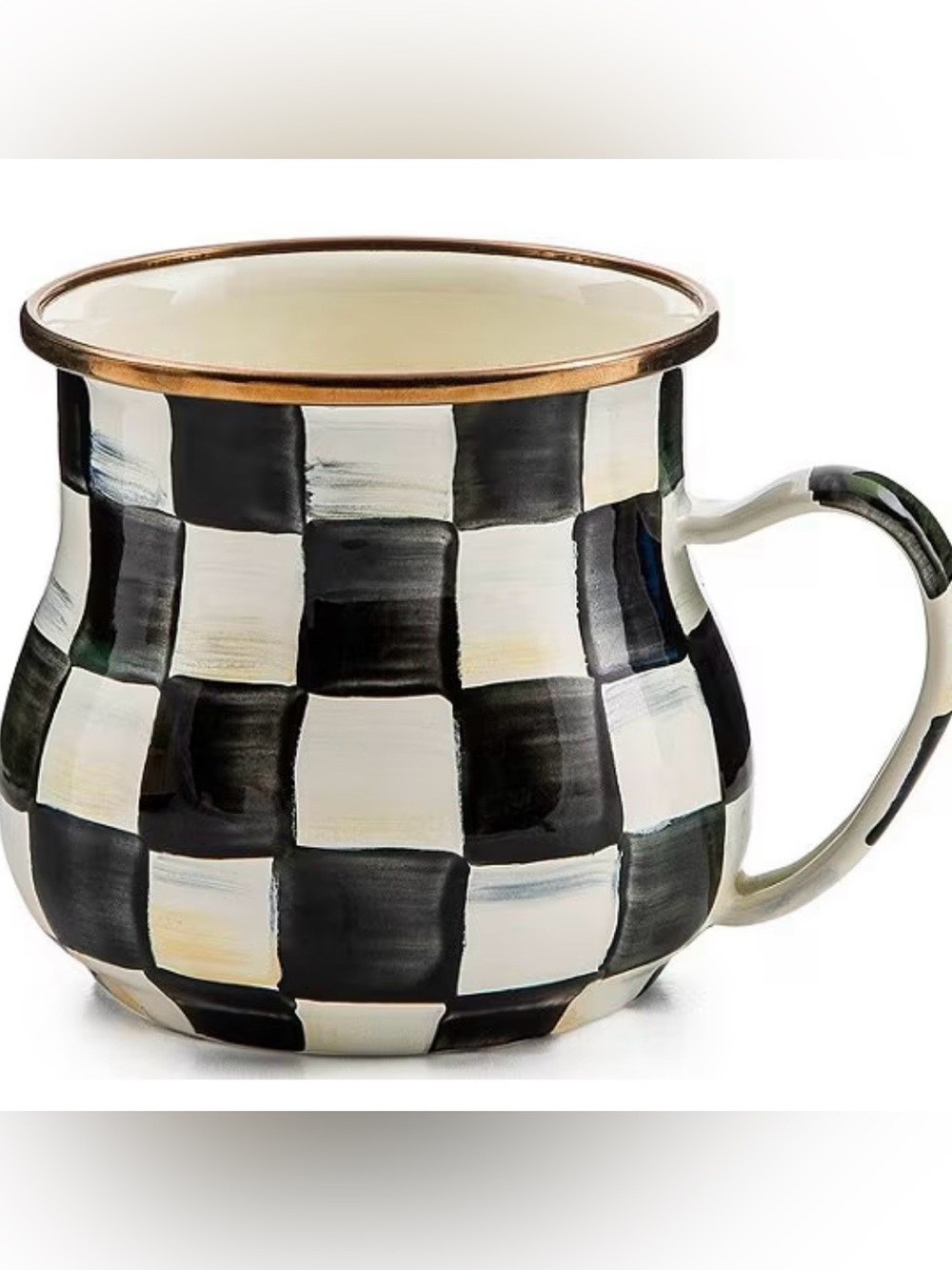 Mackenzie Childs Black & White Check enamel  Coffee Mug with Gold Rim. Set of 4